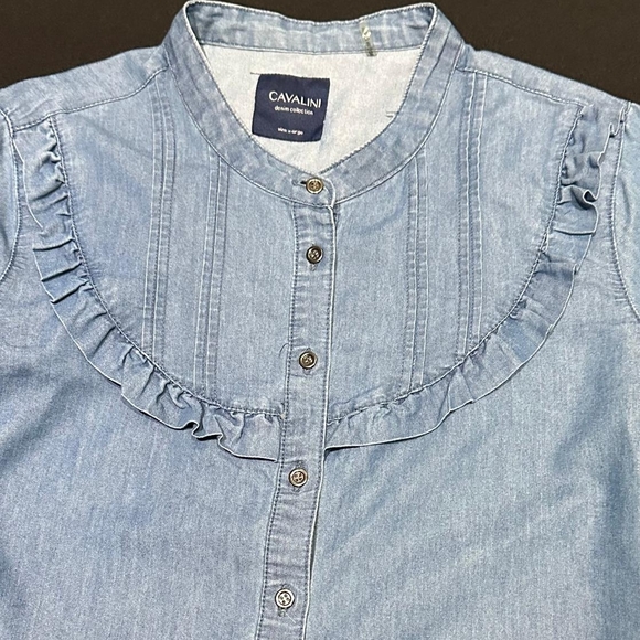 Cavalini Light Blue Button Down Shirt with Ruffles - Picture 2 of 5